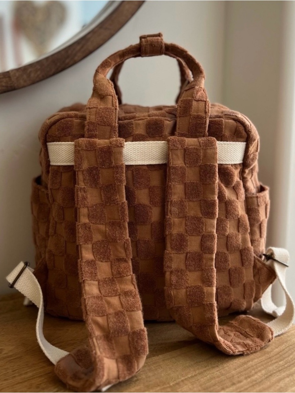 Rylee + Cru Tan Checkered Plush Mini Backpack Tote - Picture 5 of 9